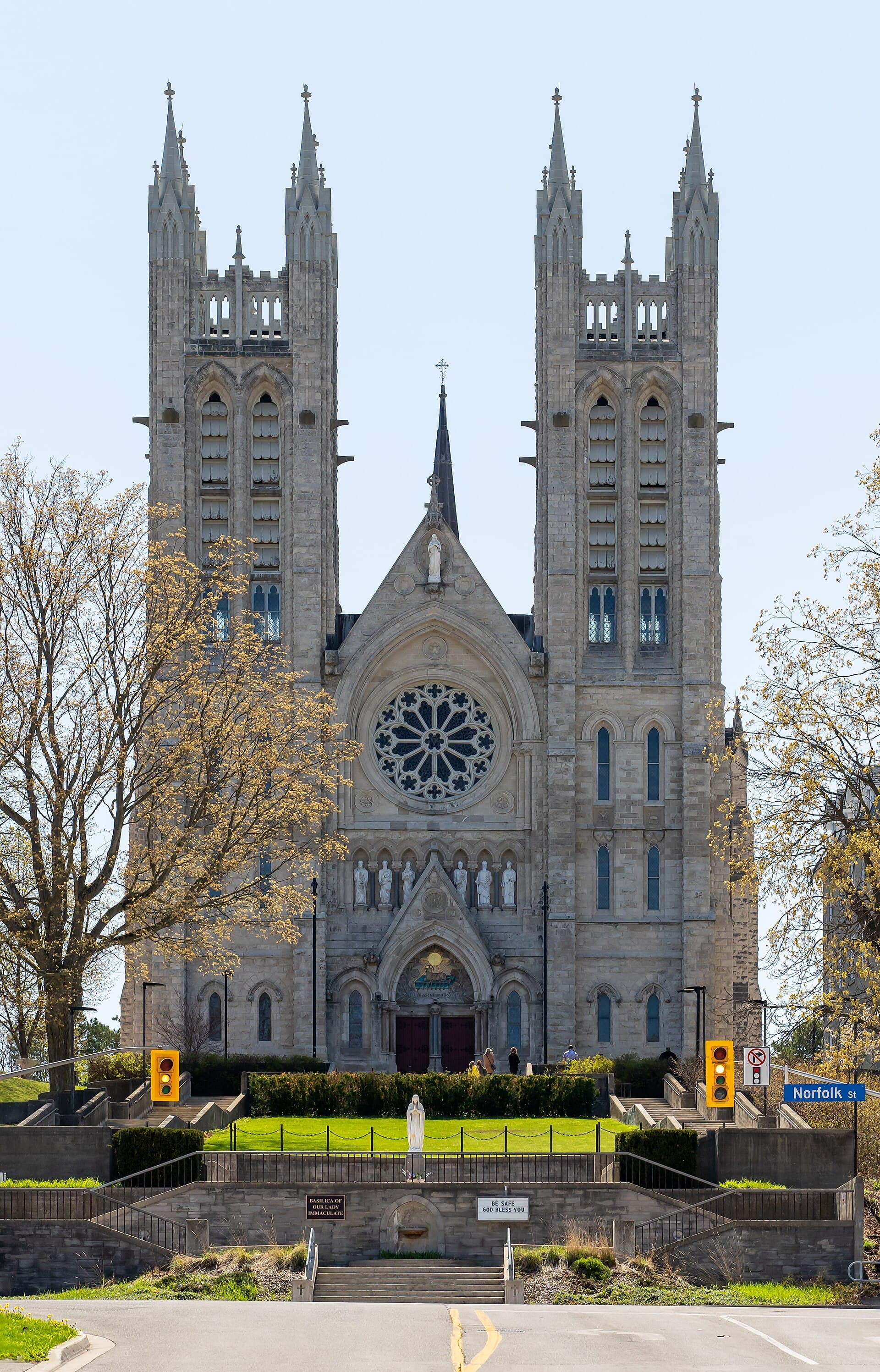 The twin-towered limestone front of the Basilica of Our Lady Immaculate at the top of Norfolk Street, Guelph
